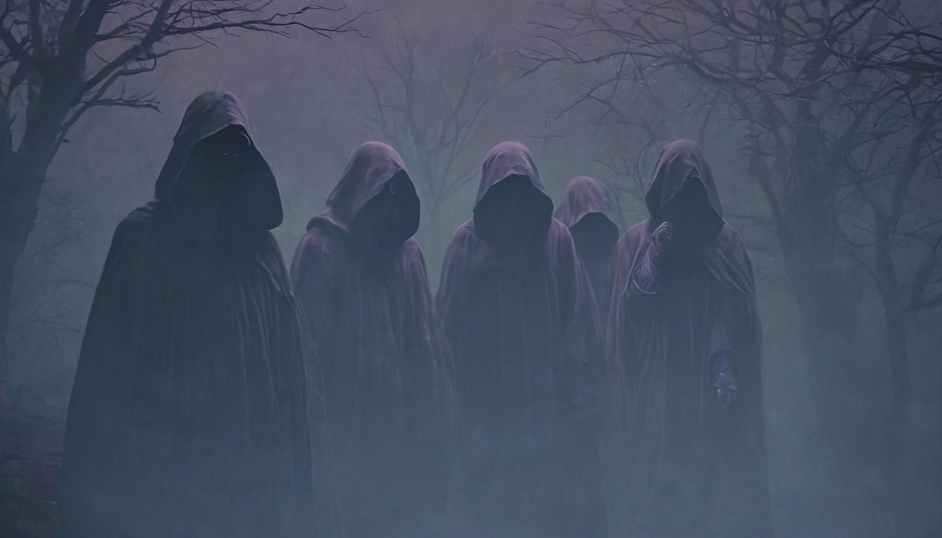 Bold, Mysterious Figures Gather in a Dark Fantasy Realm