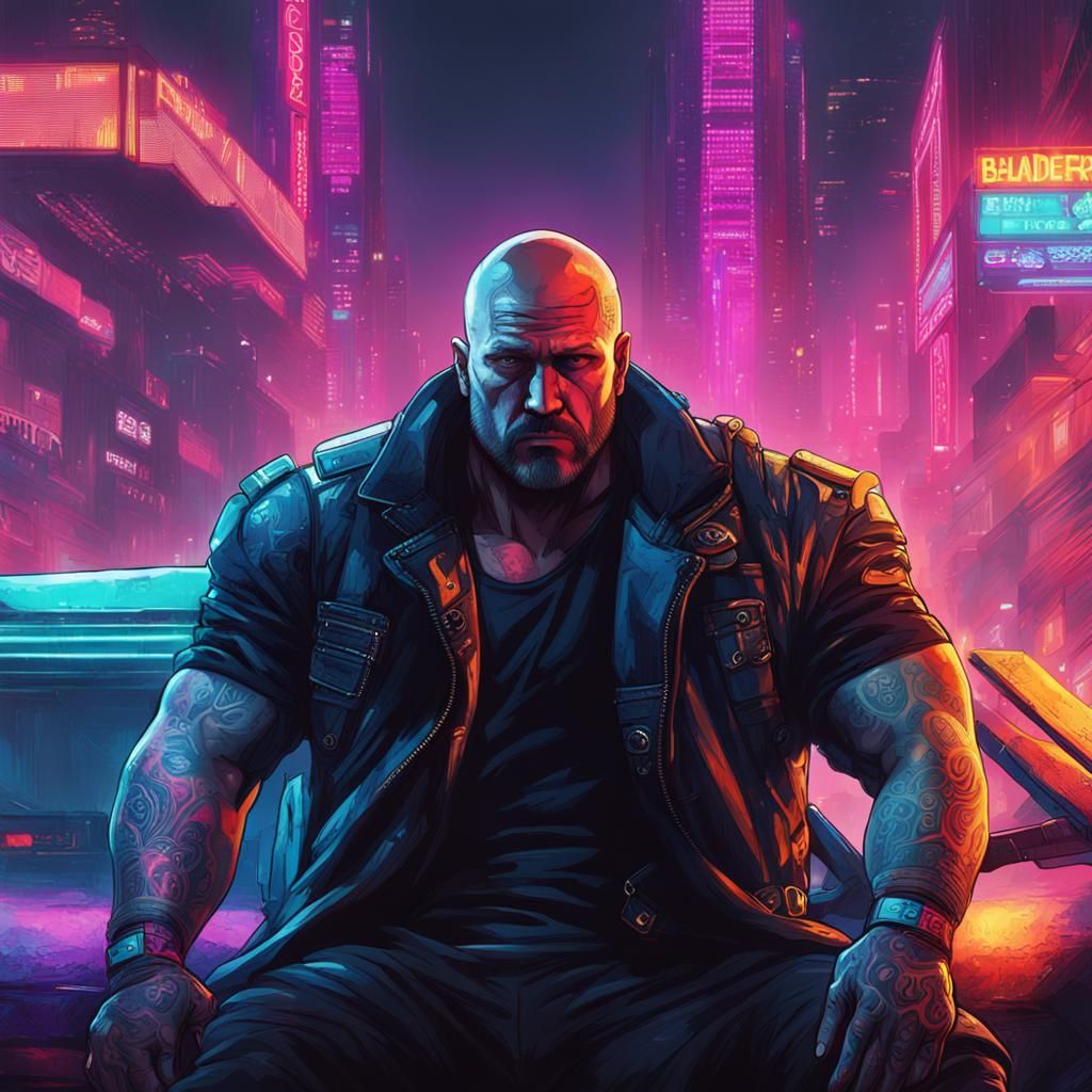Cyberpunk Bodyguard in Neon Cityscape