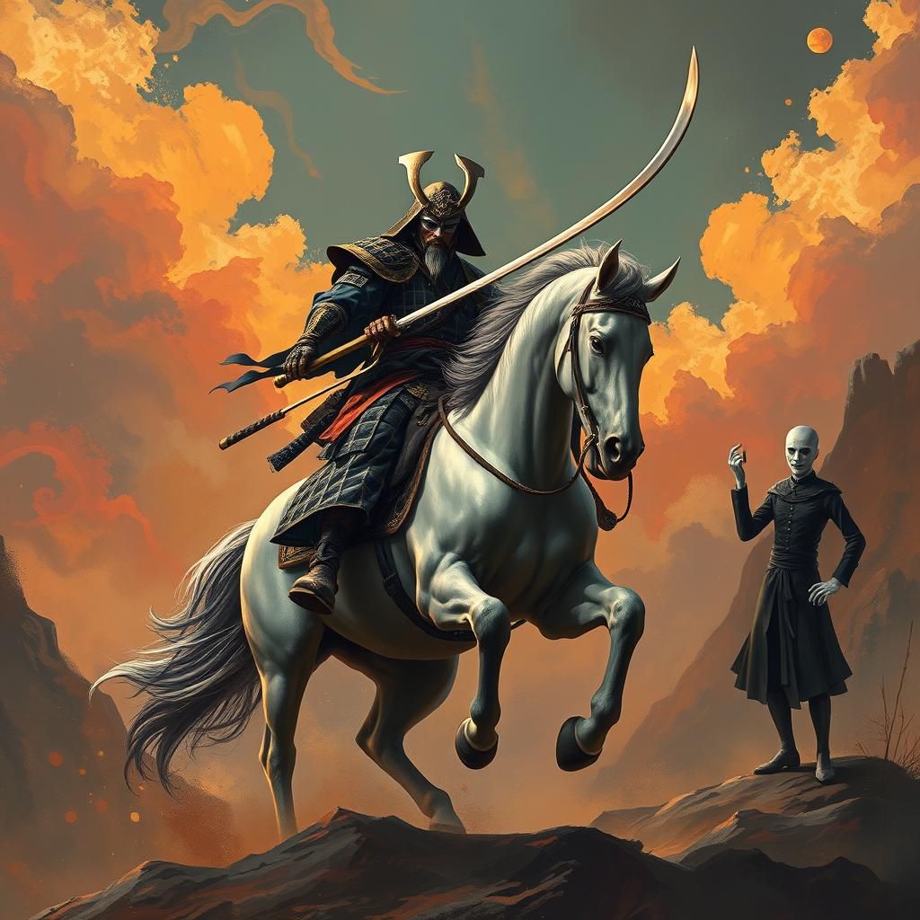 Samurai on Horseback with Mime, Fantasy Art