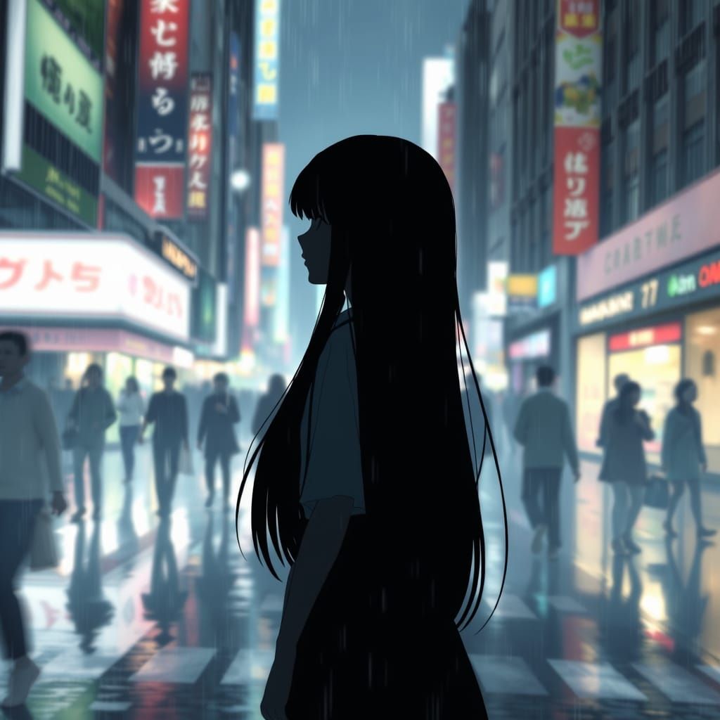 Ethereal Anime Girl in a Rainy Cityscape