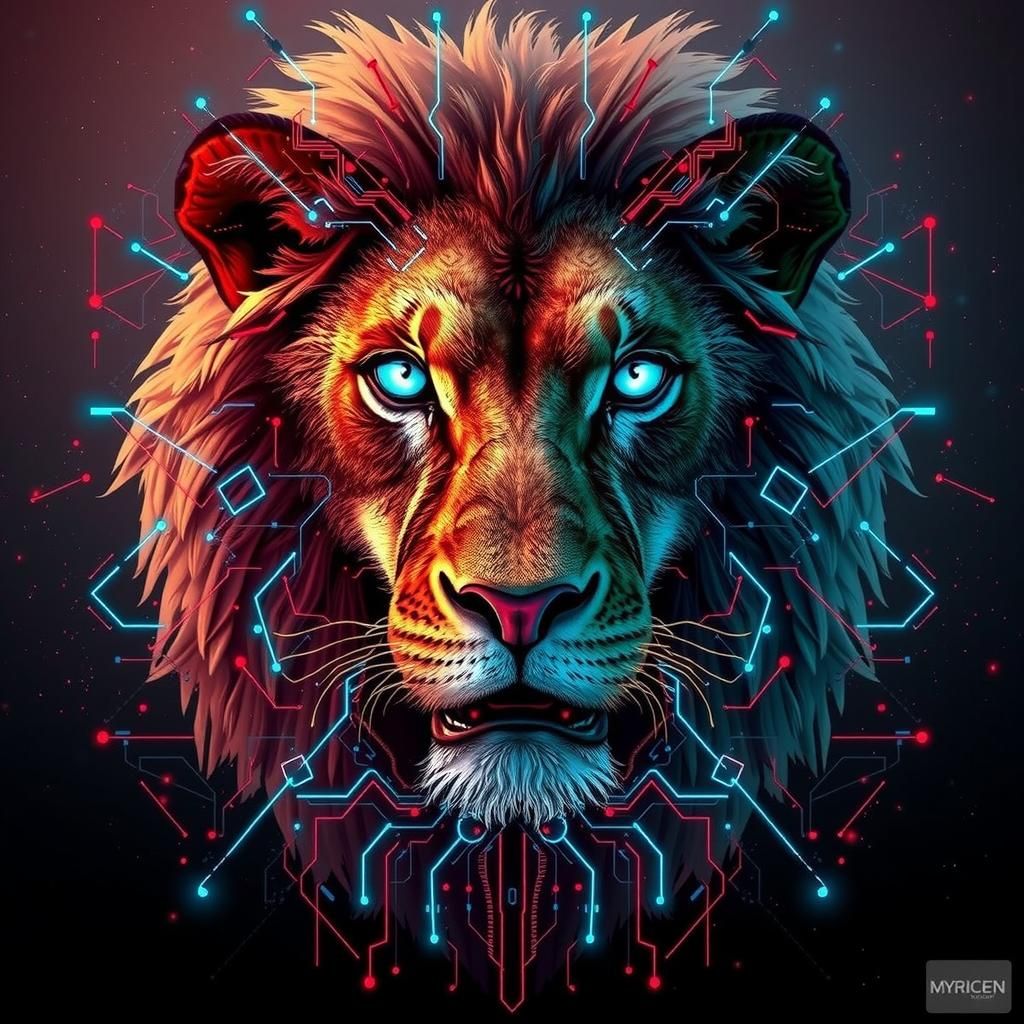 Cyberpunk Lion with Glowing Eyes and Circuitry