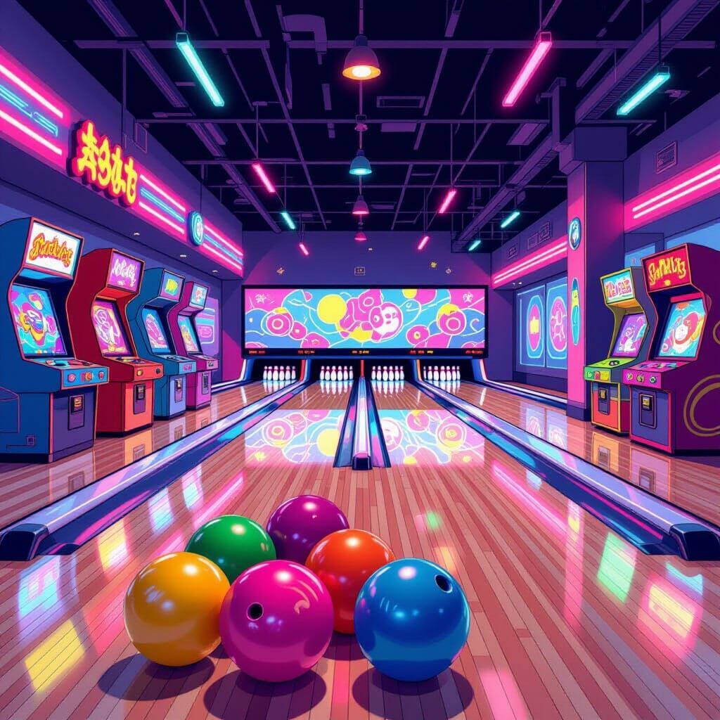 Vibrant Bowling Alley in Futuristic Pop Art Style