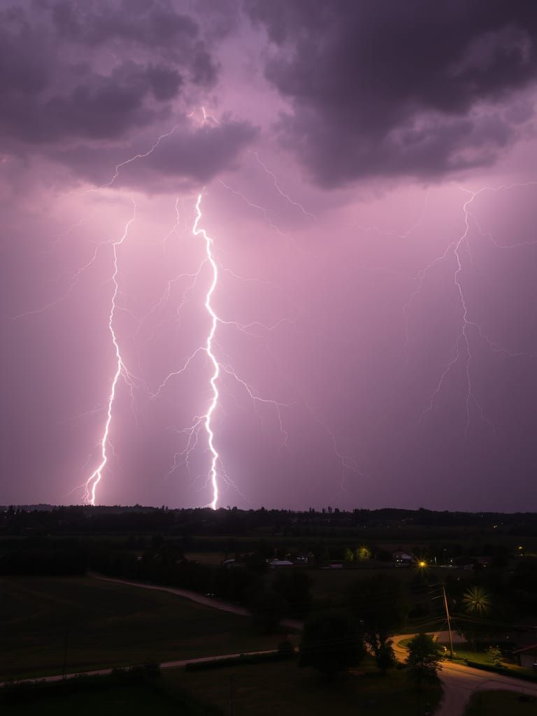 Night Thunderstorm Over Rural Town with Lightning