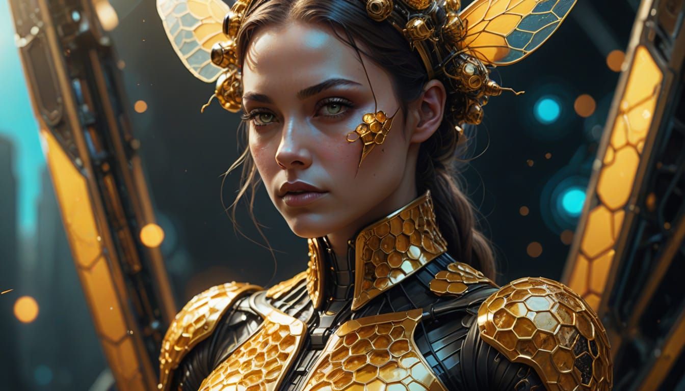 Hyper-Realistic Queen Bee Woman in Shimmering Exoskeleton