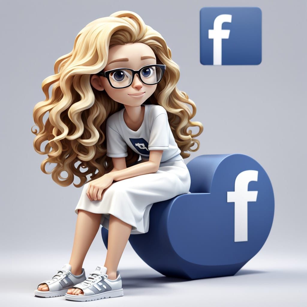 a 3D illustration of an animated character sitting casually on top of a social media logo”FACEBOOK", with a user name “O...