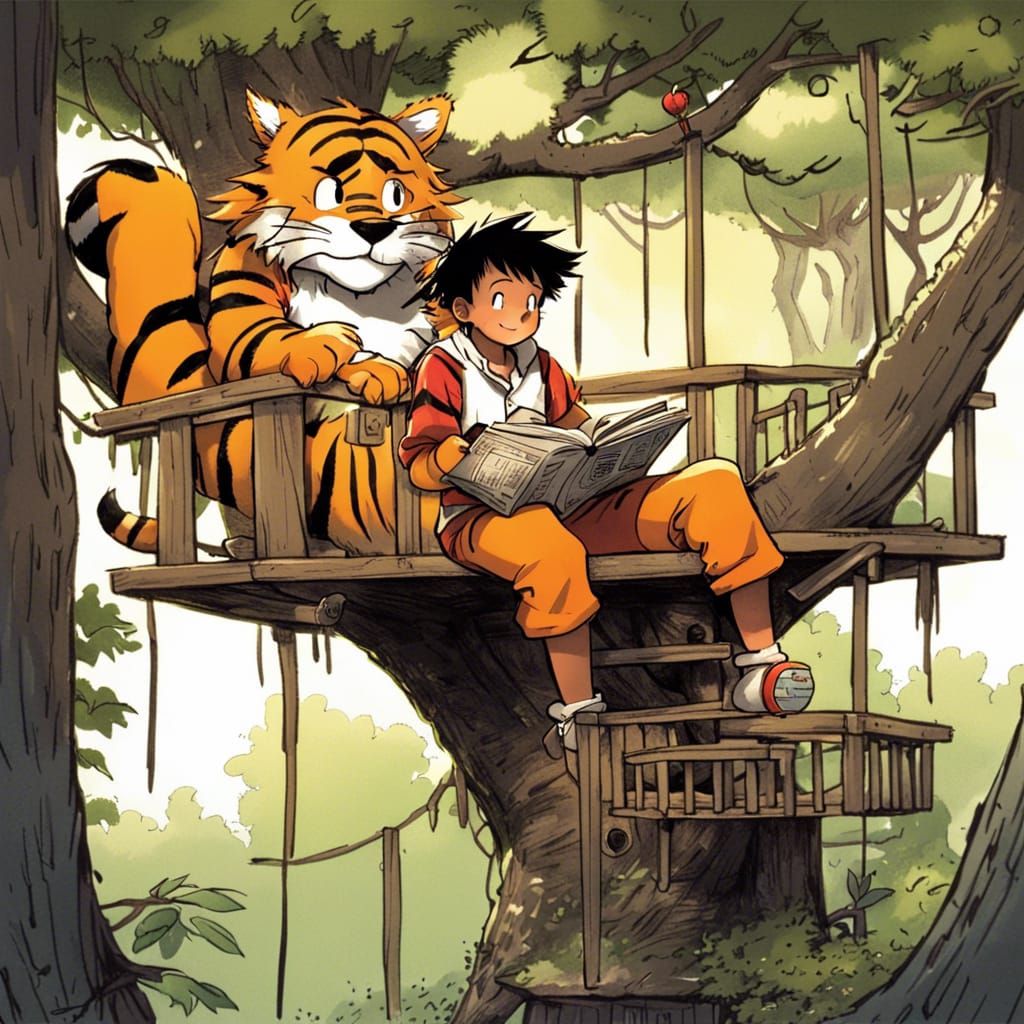Hobbes and Calvin in Treehouse, Anime Style