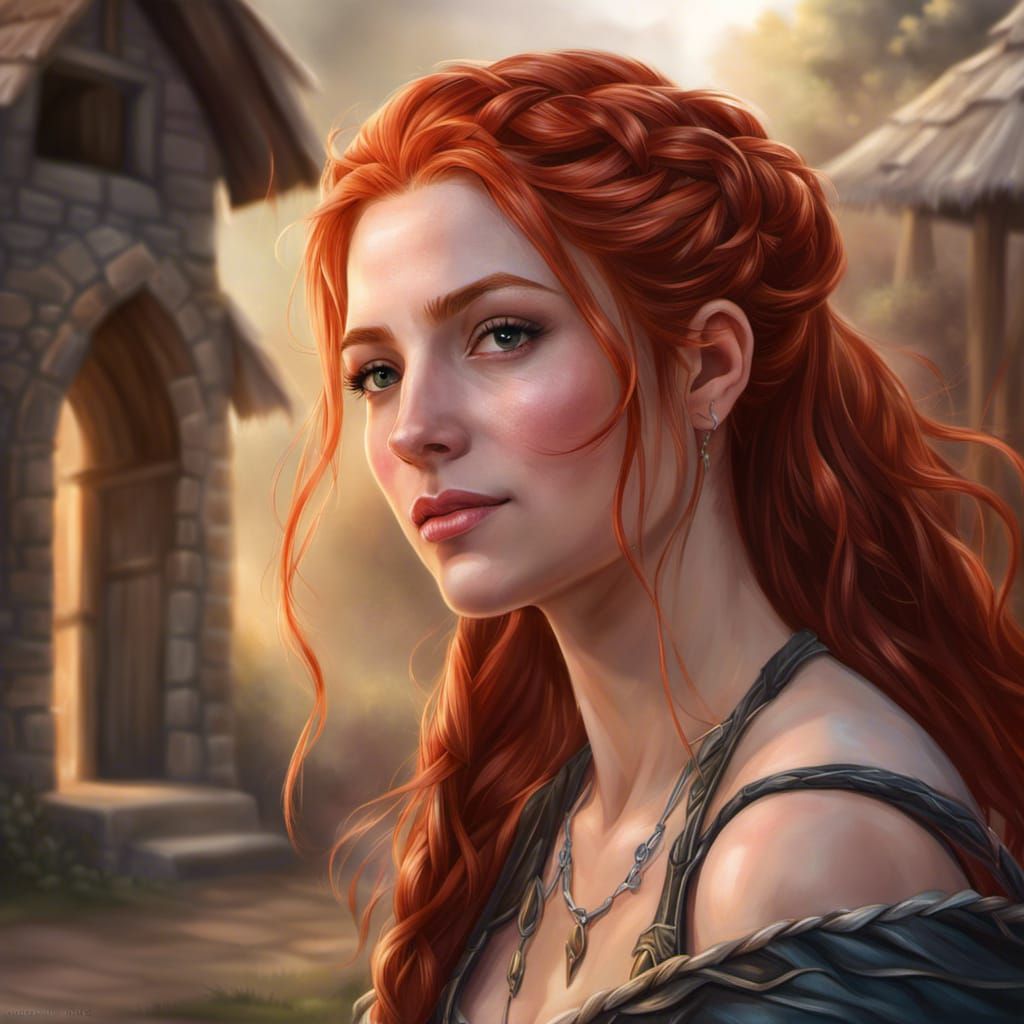 Young Red-Haired Sorceress in Village Portrait