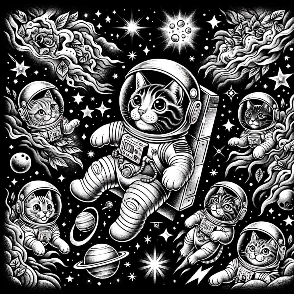 Astronaut Cats Flash Tattoo Sheet in Retro Sci-Fi Style