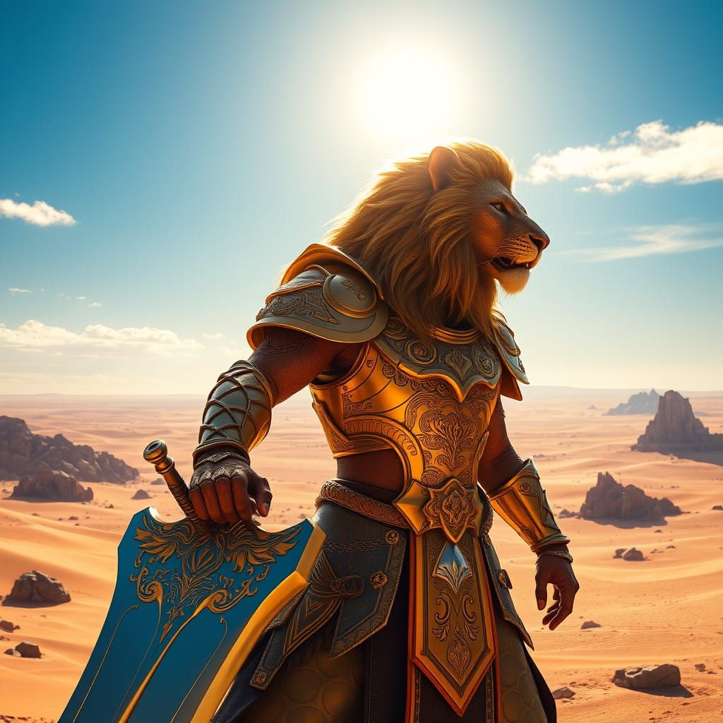 Heroic Warrior in Golden Armor Stands Tall in the Desert