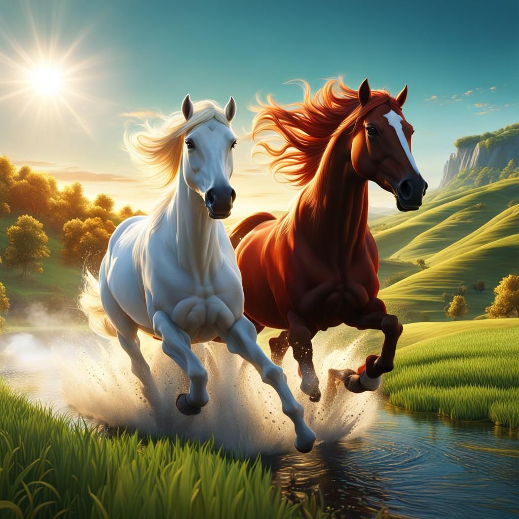 Horses Running Free in a Green Field