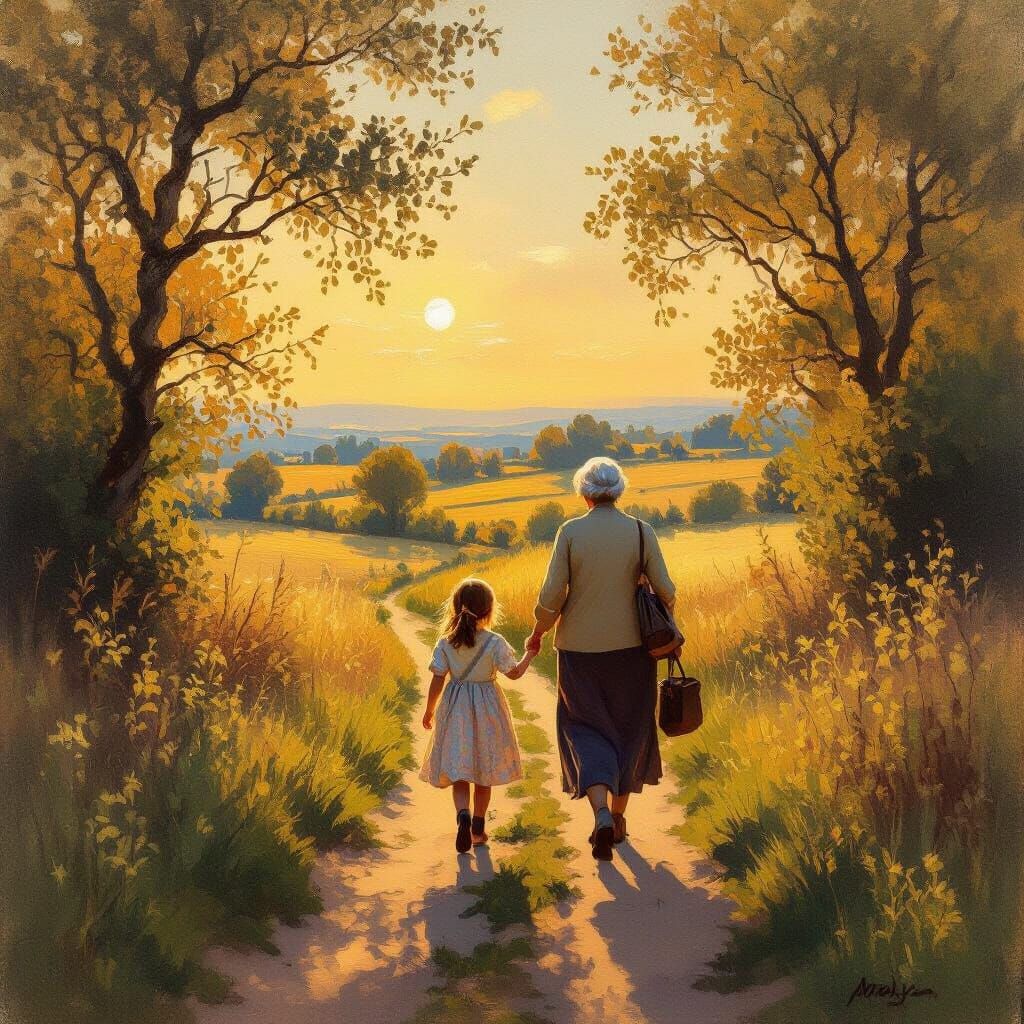 Grandmother and Granddaughter in Golden Hour Rural Landscape