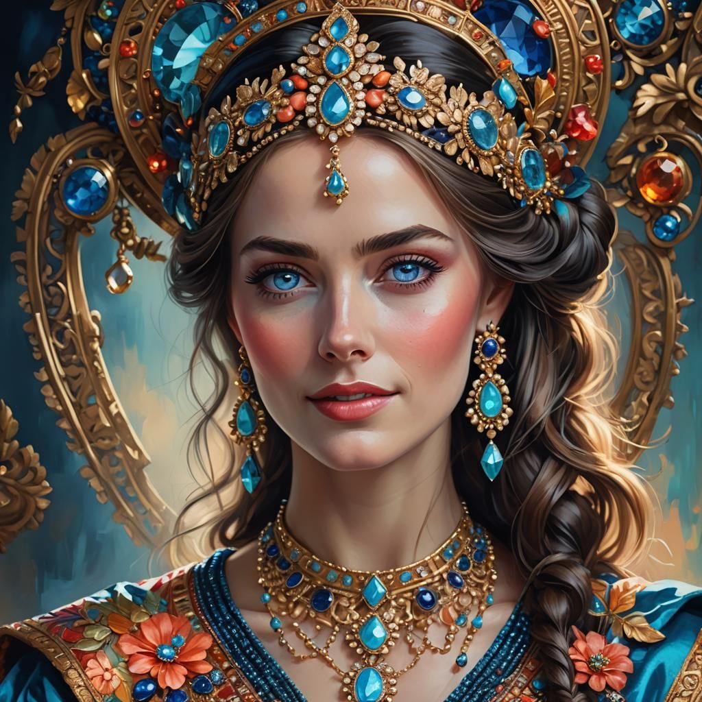 Beautiful Blue-Eyed Woman in Detailed Art Deco Portrait