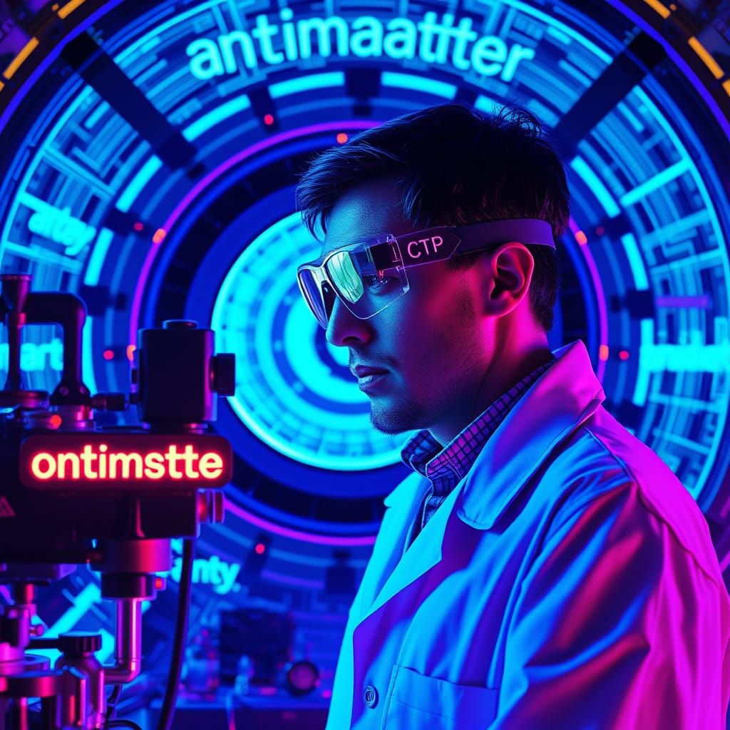 Scientist Peers into Antimatter Lab: Neon Blueprint Style
