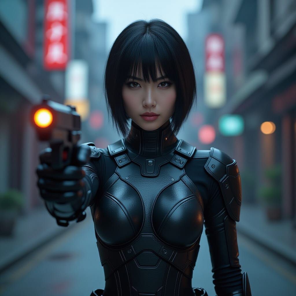 Cyberpunk Asian Woman with Energy Pistol