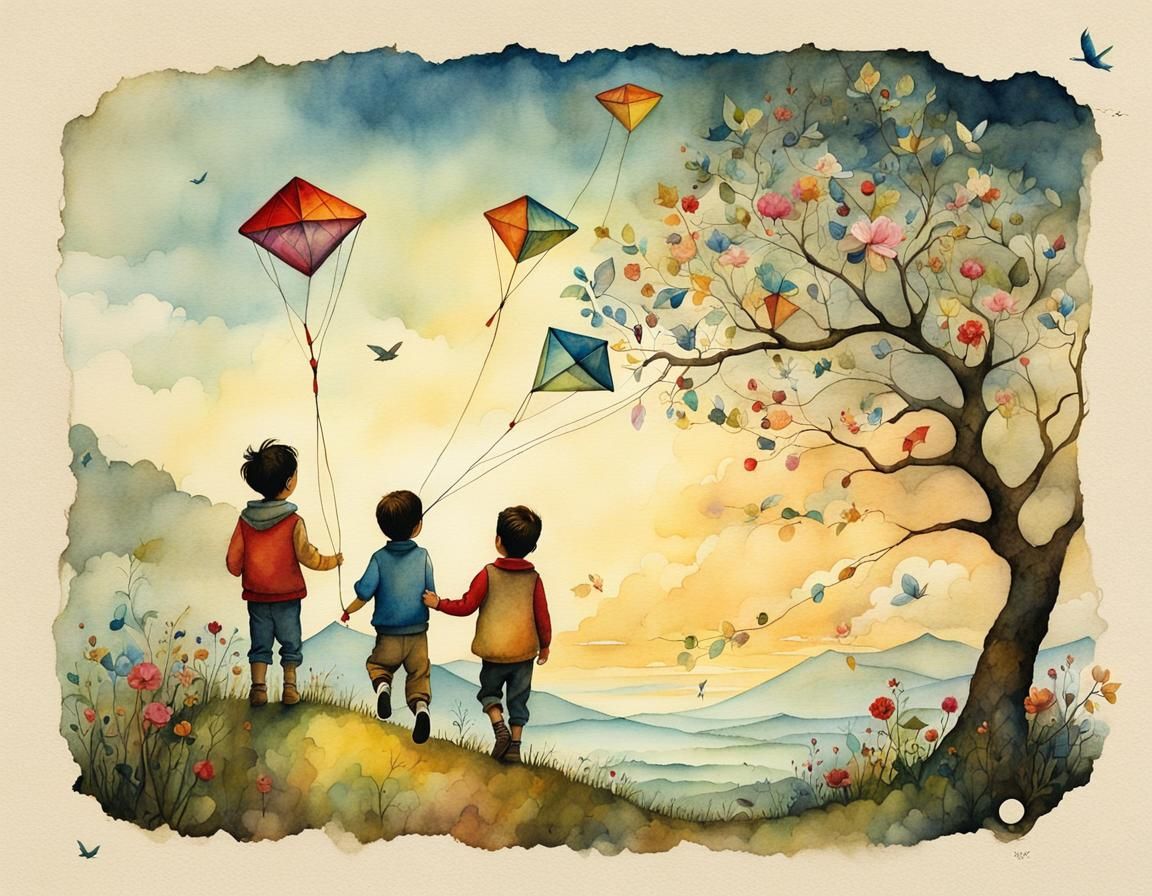Whimsical Kids Flying Kite Watercolor Storybook Illustration