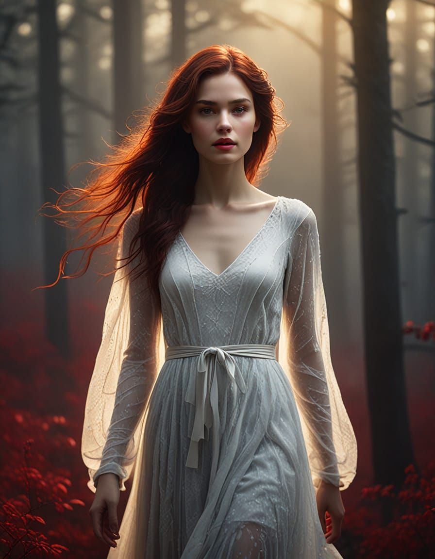 Ethereal Woman in White Gossamer Gown, Surrounded by Glowing...