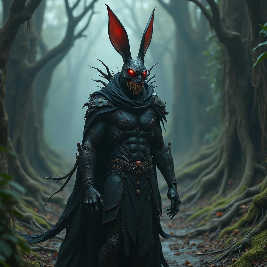 Ominous Bunny-Headed Figure in Dark Fantasy Ruins