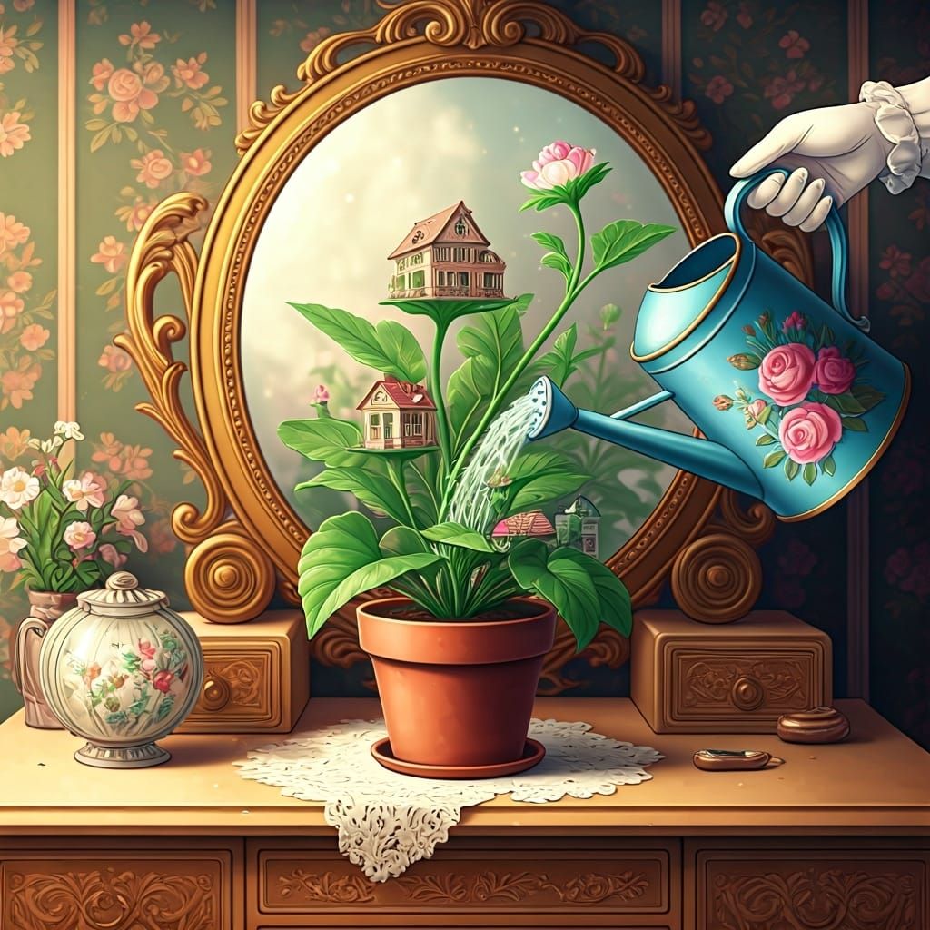 Victorian Houseplant Blooms Miniature Houses: Cartoon Illust...