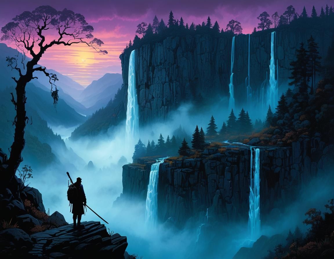 Ethereal Evening Mist Over a Serene Waterfall in a Misty Val...