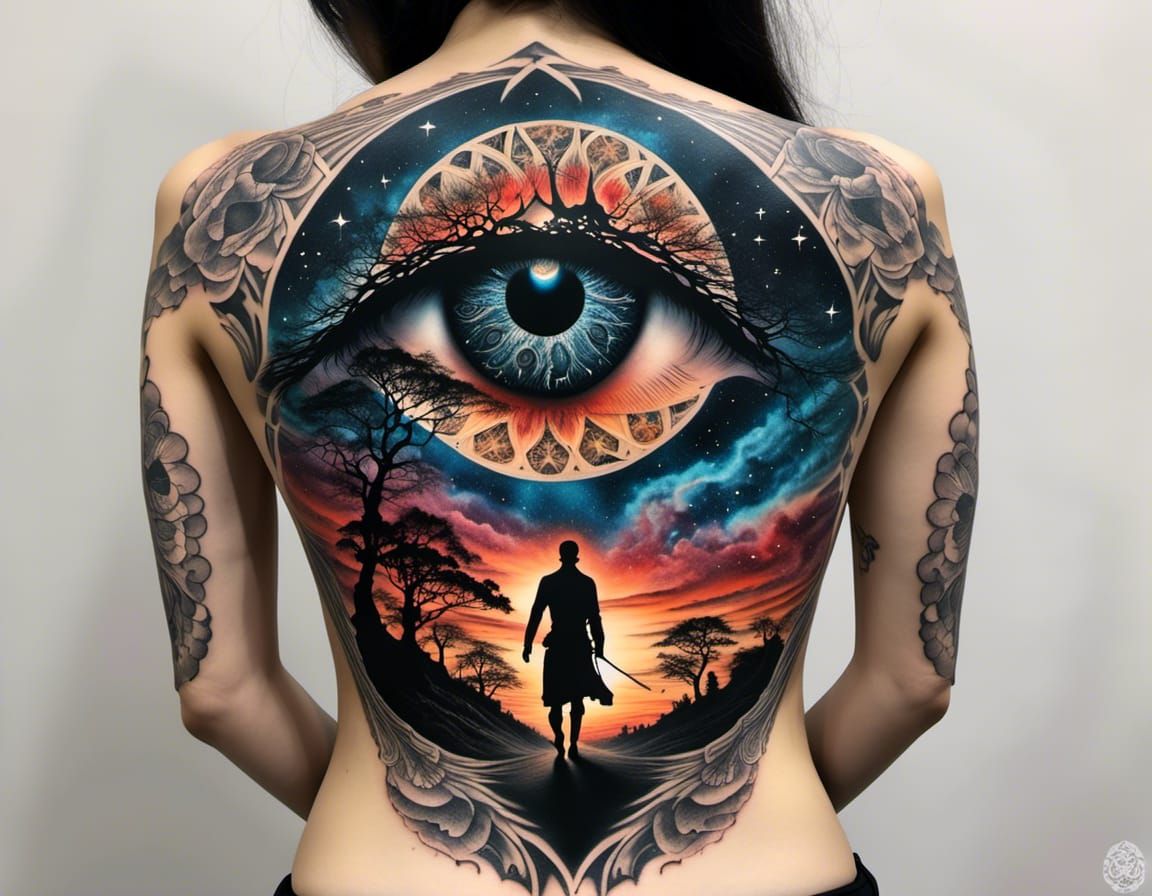 Surreal Eye Tattoo on Back, Psychedelic Style