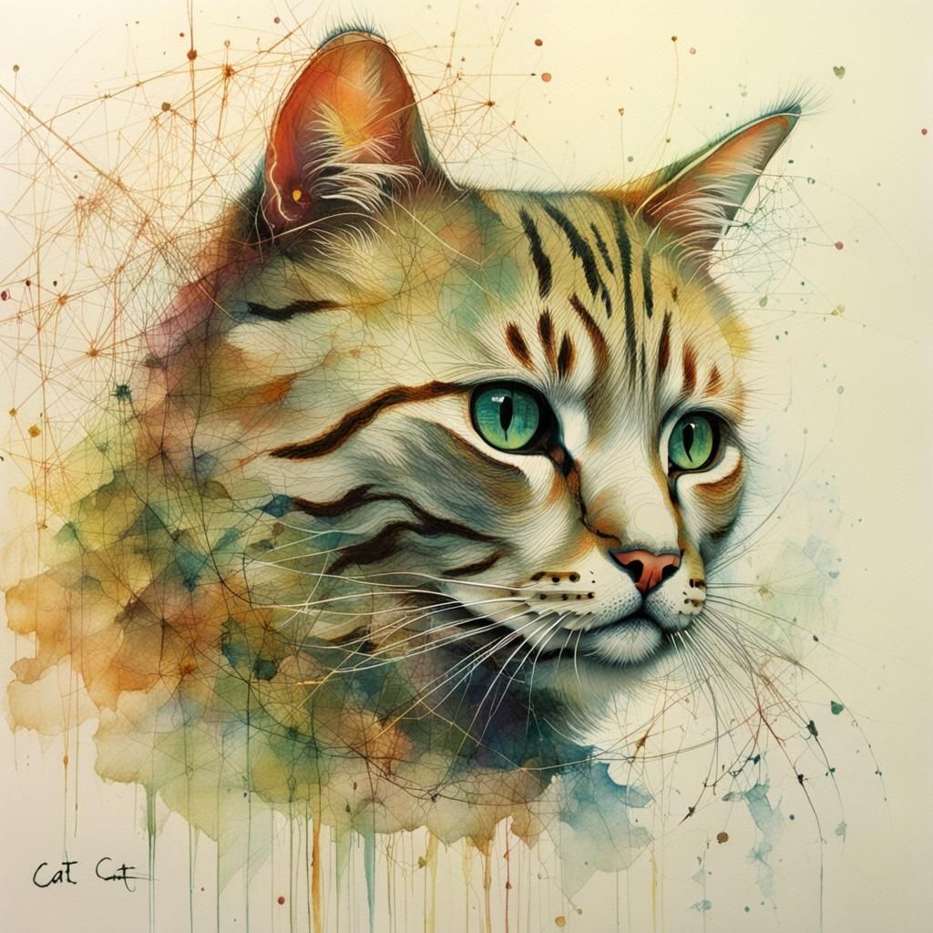 Surreal Cat Portrait in Watercolor Style
