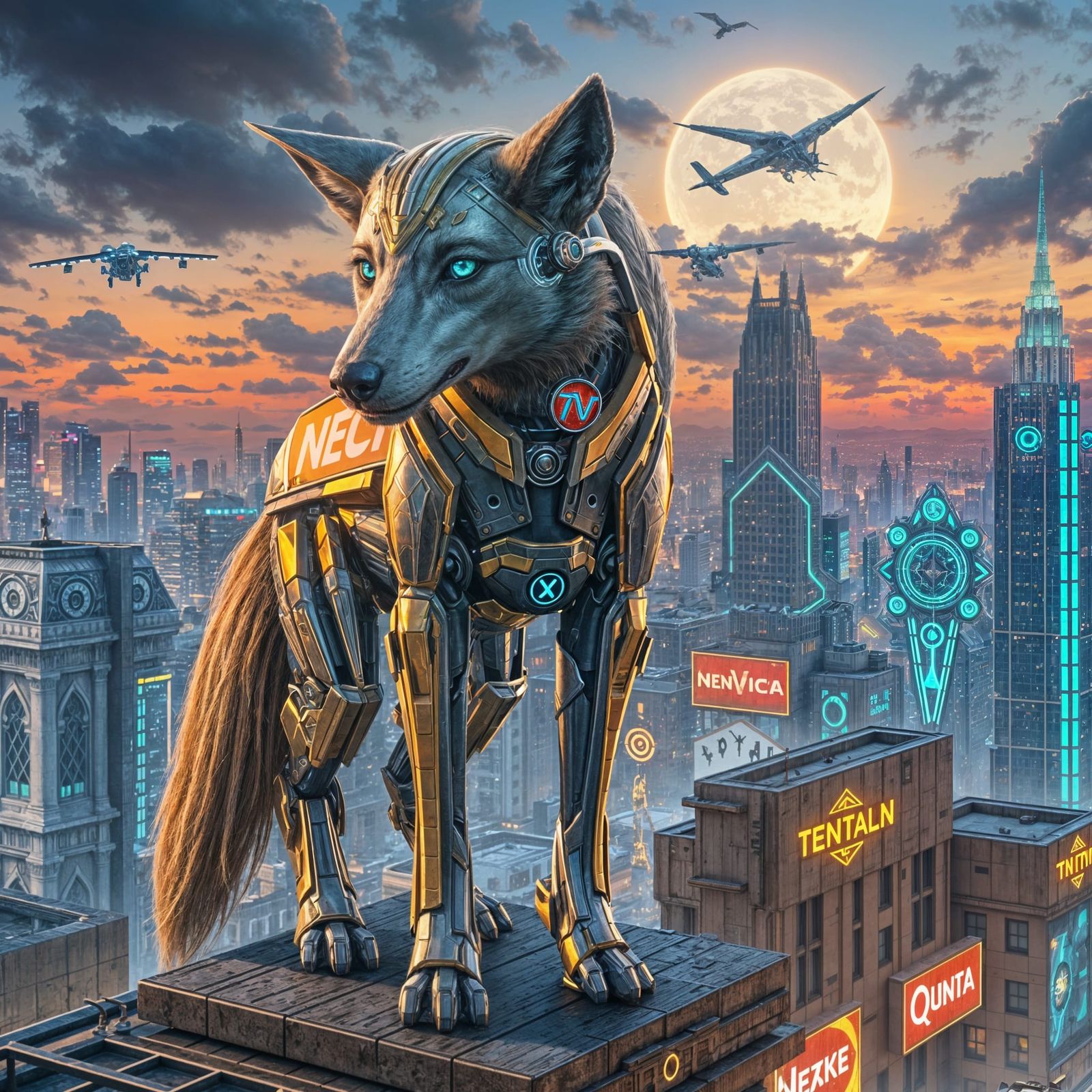 Cybernetic Wolf Sentinel Over Neo-Vanta Skyline