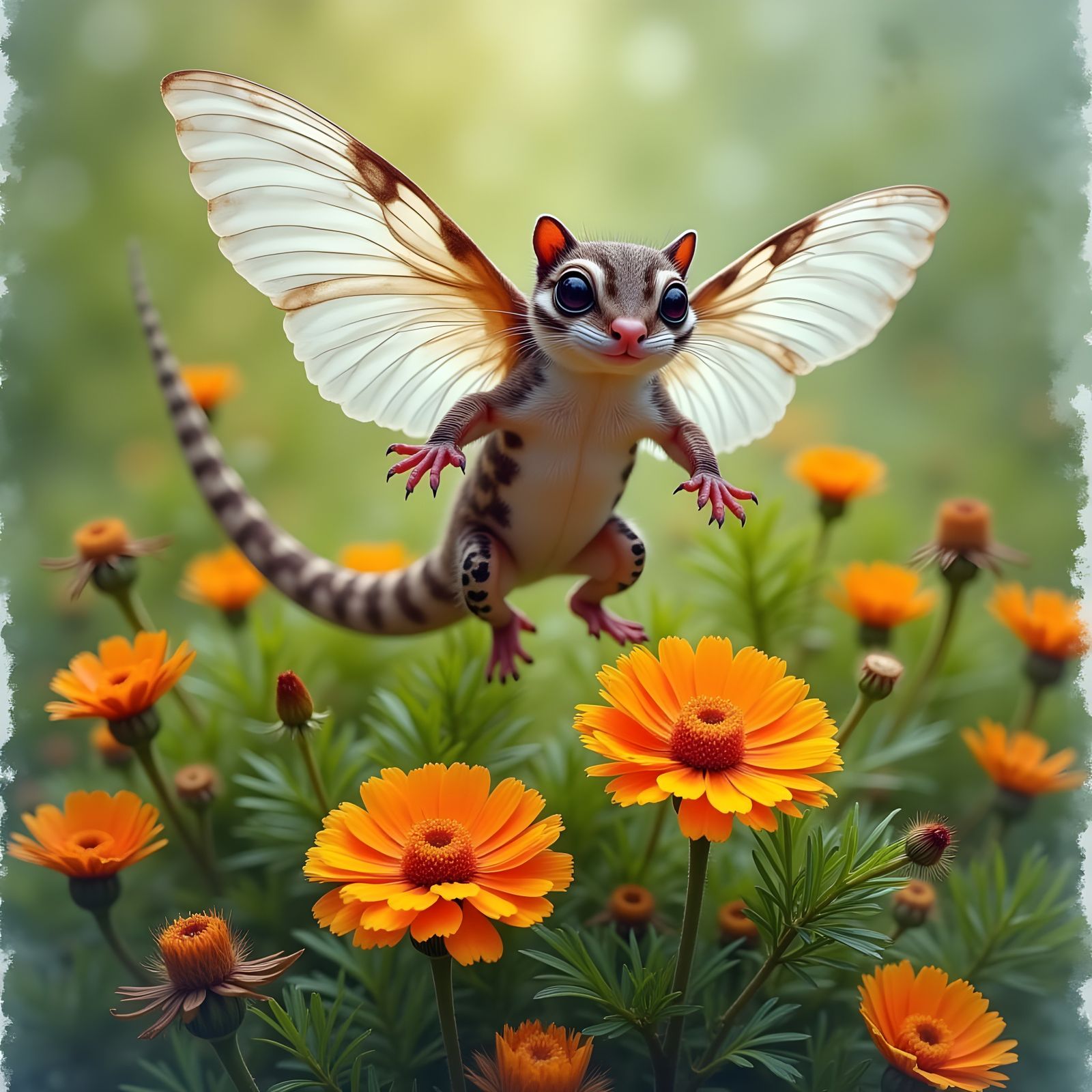 Whimsical Squirrel-Gecko Hybrid Soars Over Marigolds