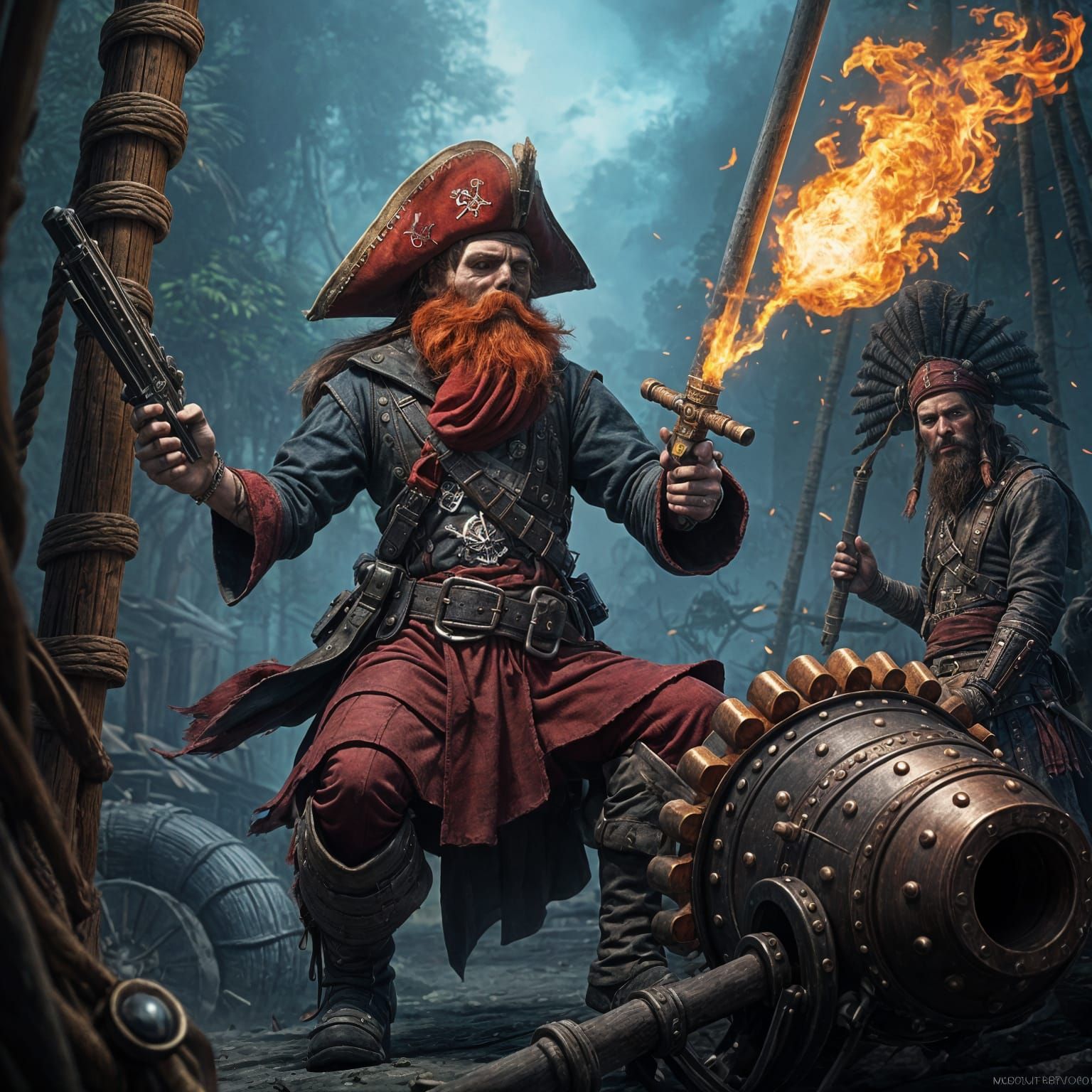 Surreal Pirate Skeleton Wields Gun and Sword in a Fantastica...