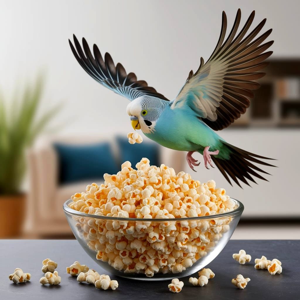 Fierce Budgie Attacks Popcorn: A Photorealistic Dive