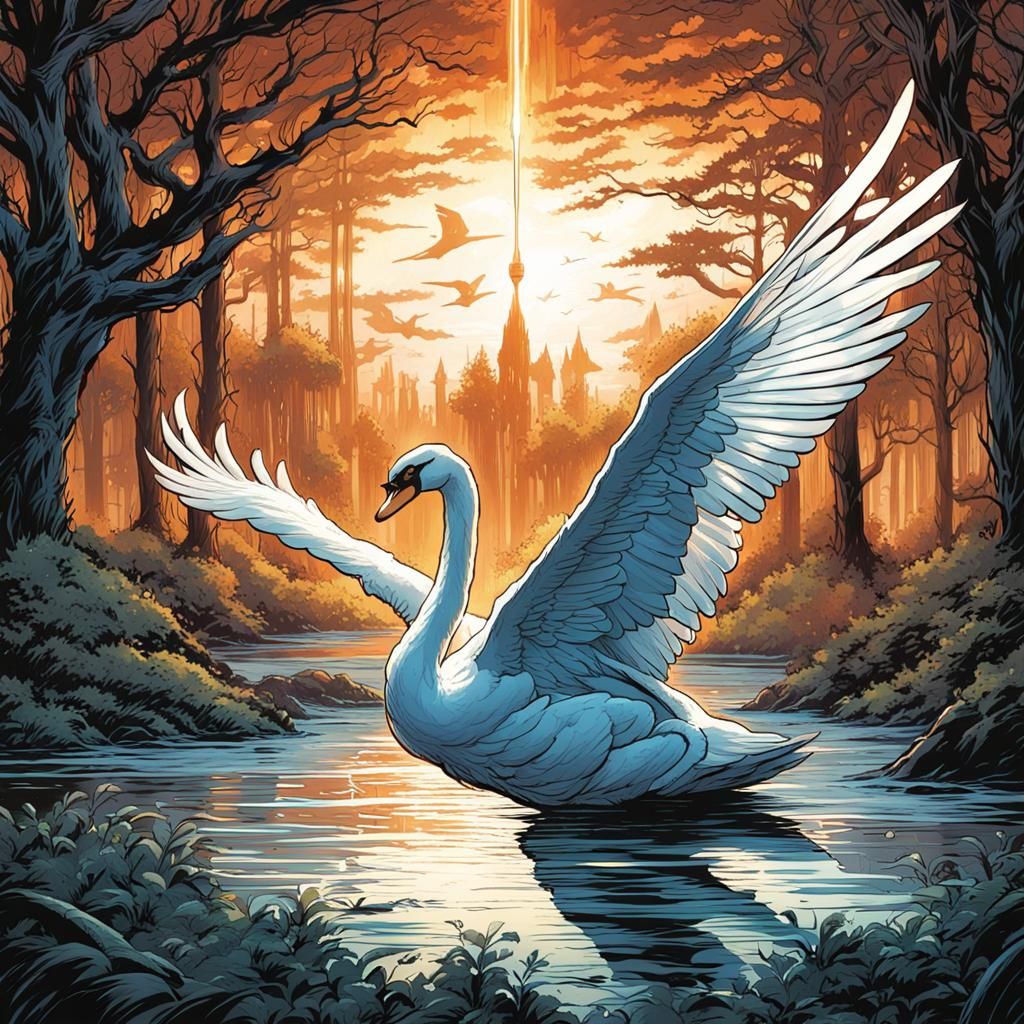 Luminous Swan in Comic Book Art Style