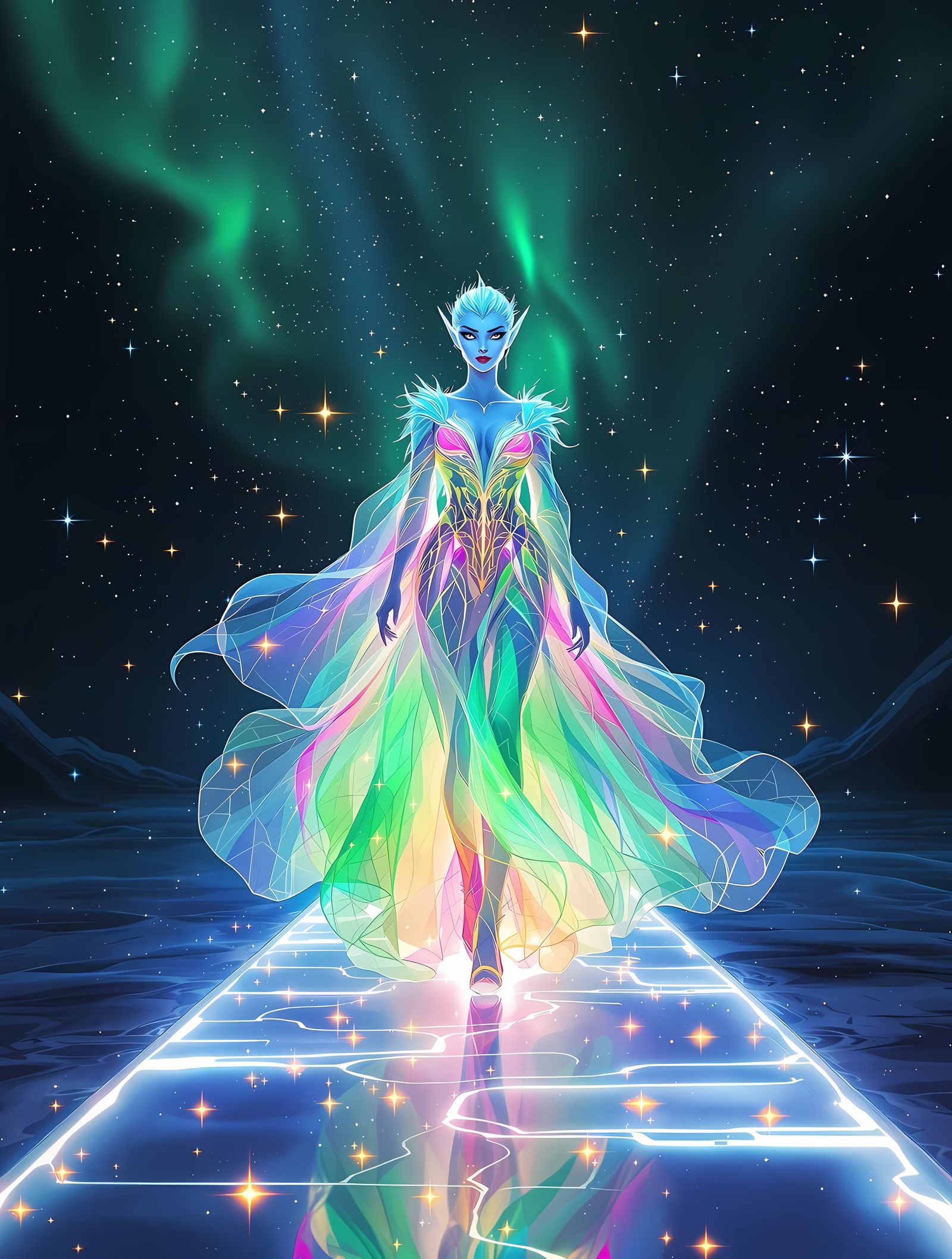 Ethereal Runway Goddess in Aurora-Inspired Couture