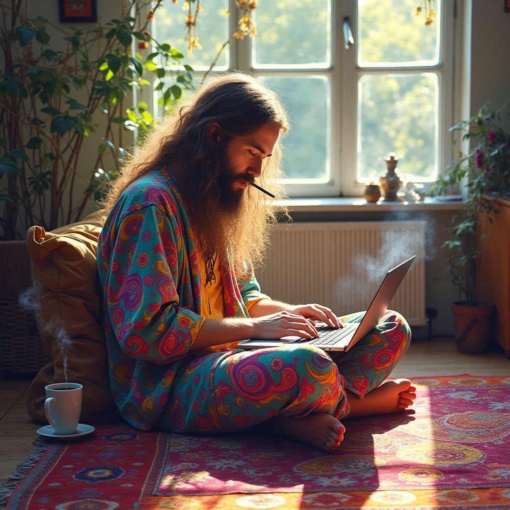 Bohemian Hippie Typist in Vibrant Psychedelic Pyjamas