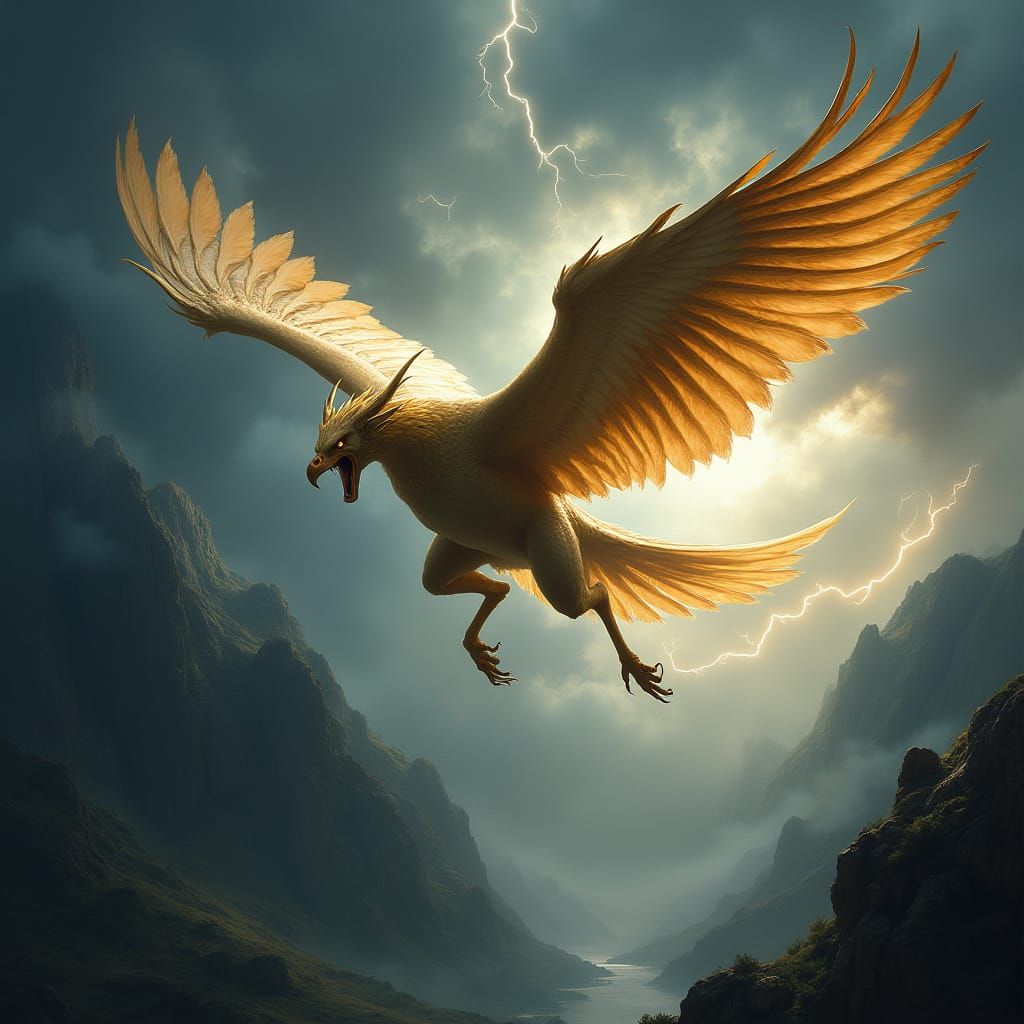 Griffin Soaring Through Stormy Sky in Baroque Style