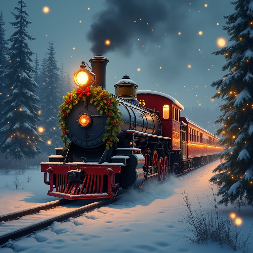 Vintage Christmas Train Adorned With Holly In Snowy Landscap...