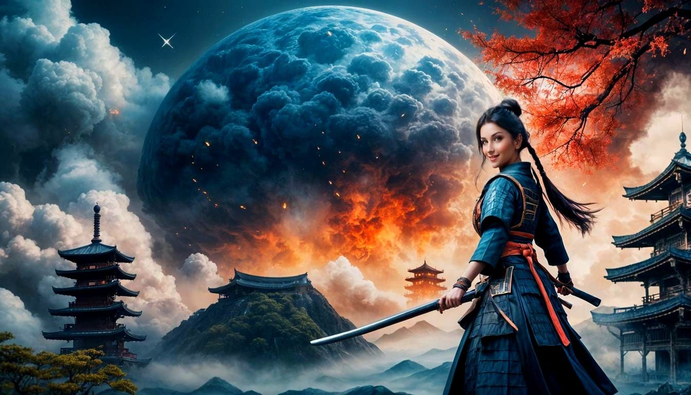 Samurai Goddess in Starry Night Fantasy