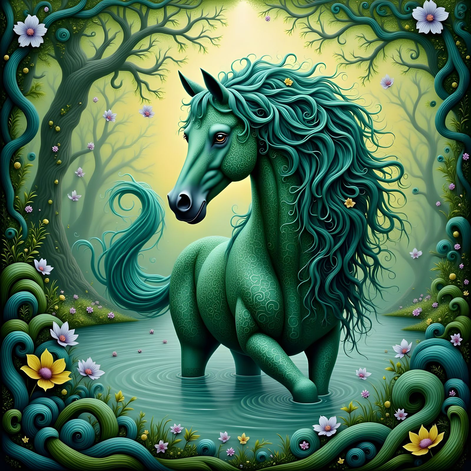 Mystical Celtic Water Kelpie in Whimsical Fractal Style