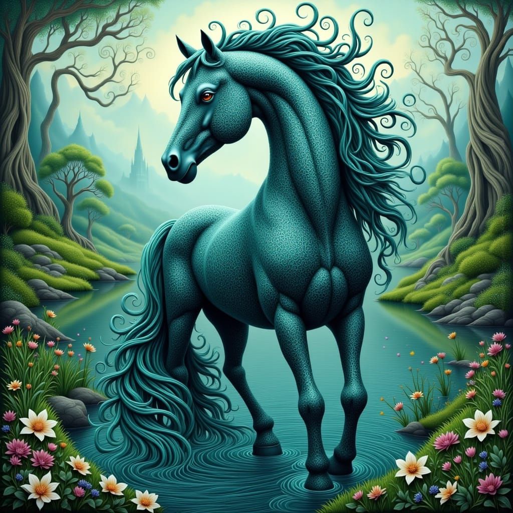 Mythical Scottish Water Kelpie with Fractal Patterns