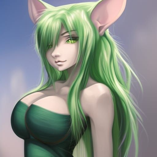 Beautiful Green-Haired Khajiit Woman: Anime Style