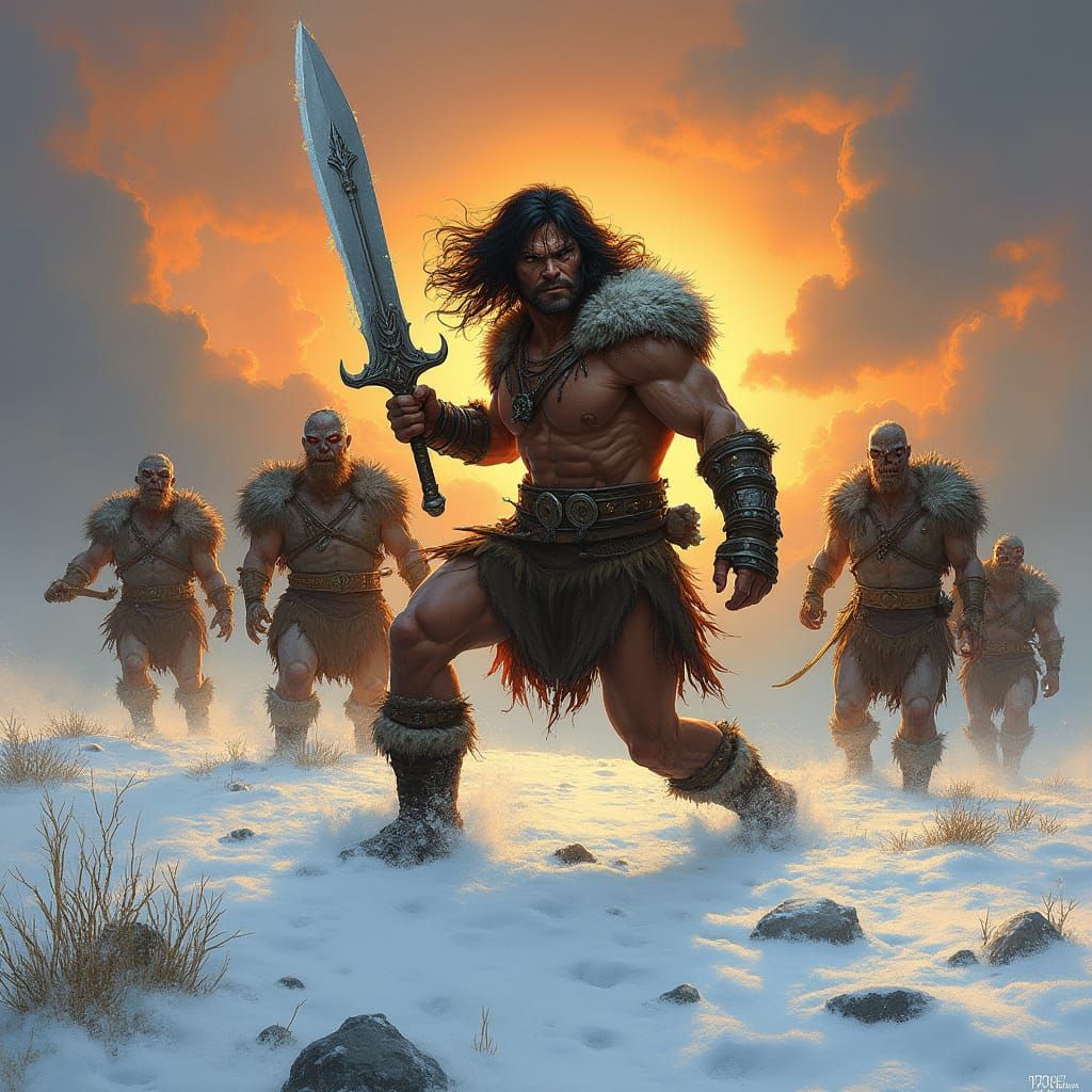 Conan Battles Viking Zombies with Flaming Sword in Snowy Tun...
