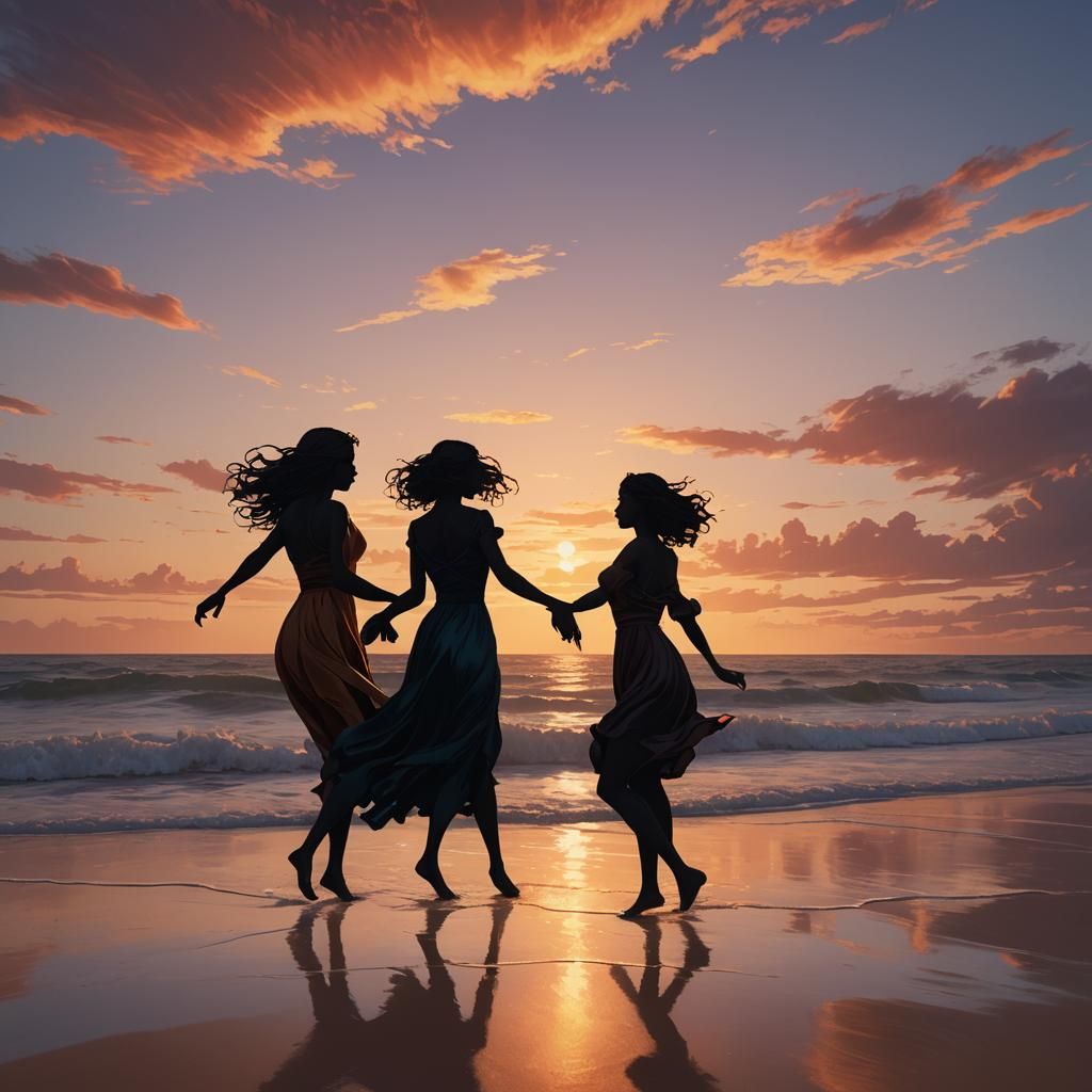 Sunset Beach Dance: Fantastical Oil Painting