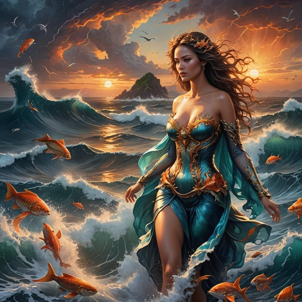 Ocean Creatures with Human Figures at Sunset