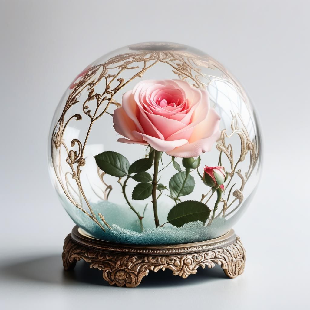 delicate rose inside an ornate glass globe