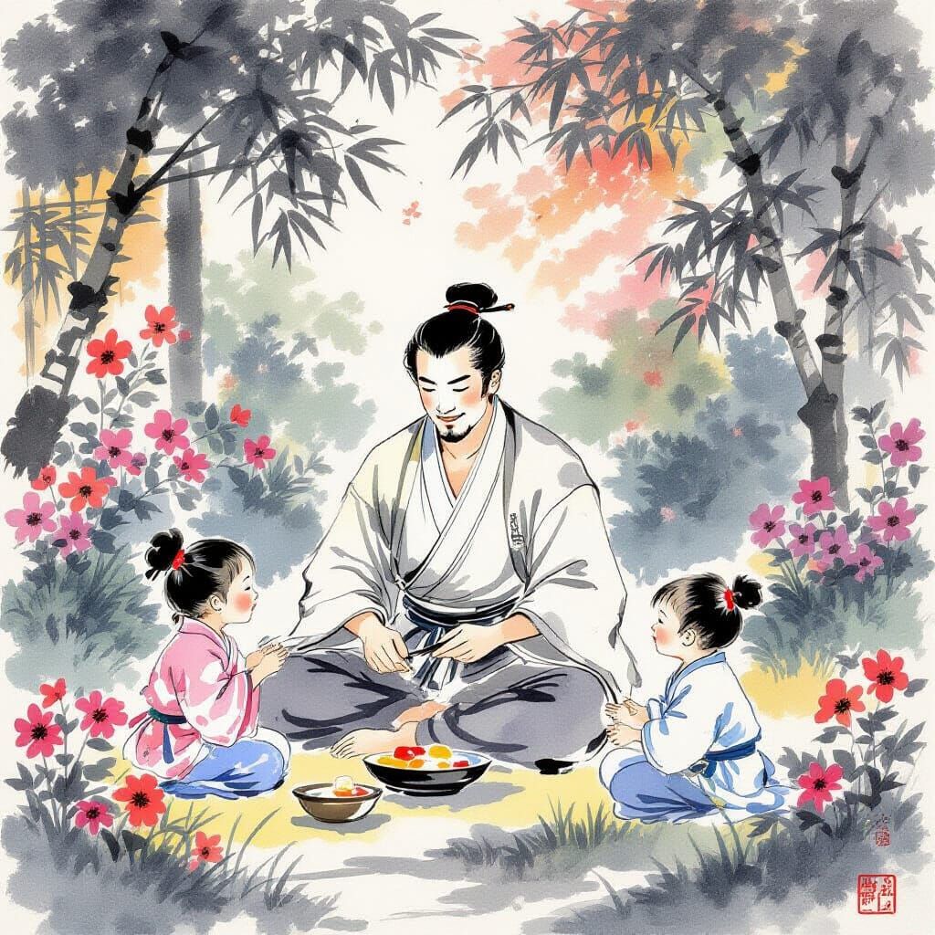 Father and Children in Sumi-e Style Garden