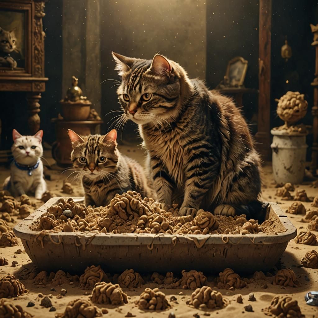 cats making sand castles in litter box Epic cinematic brilli...