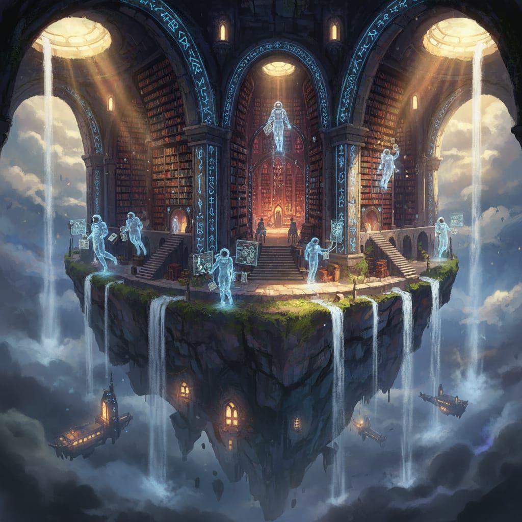 Ancient Floating Island Library with Spectral Librarians