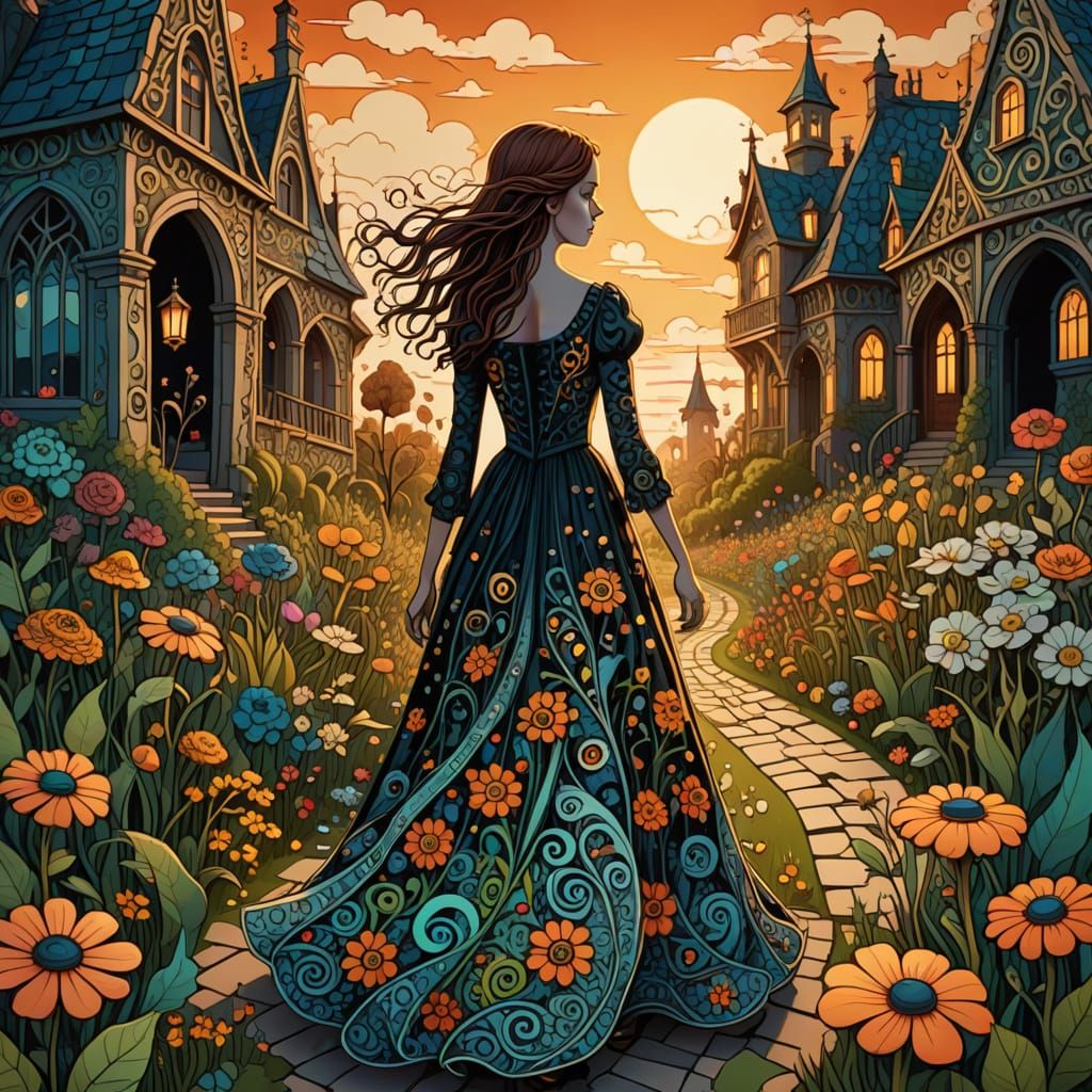 Gothic Garden Girl in Tim Burton Style