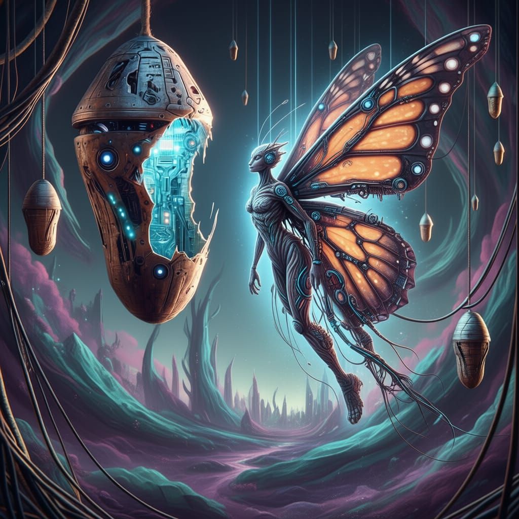 Cyberpunk Fairy Emerges from Mechanical Chrysalis