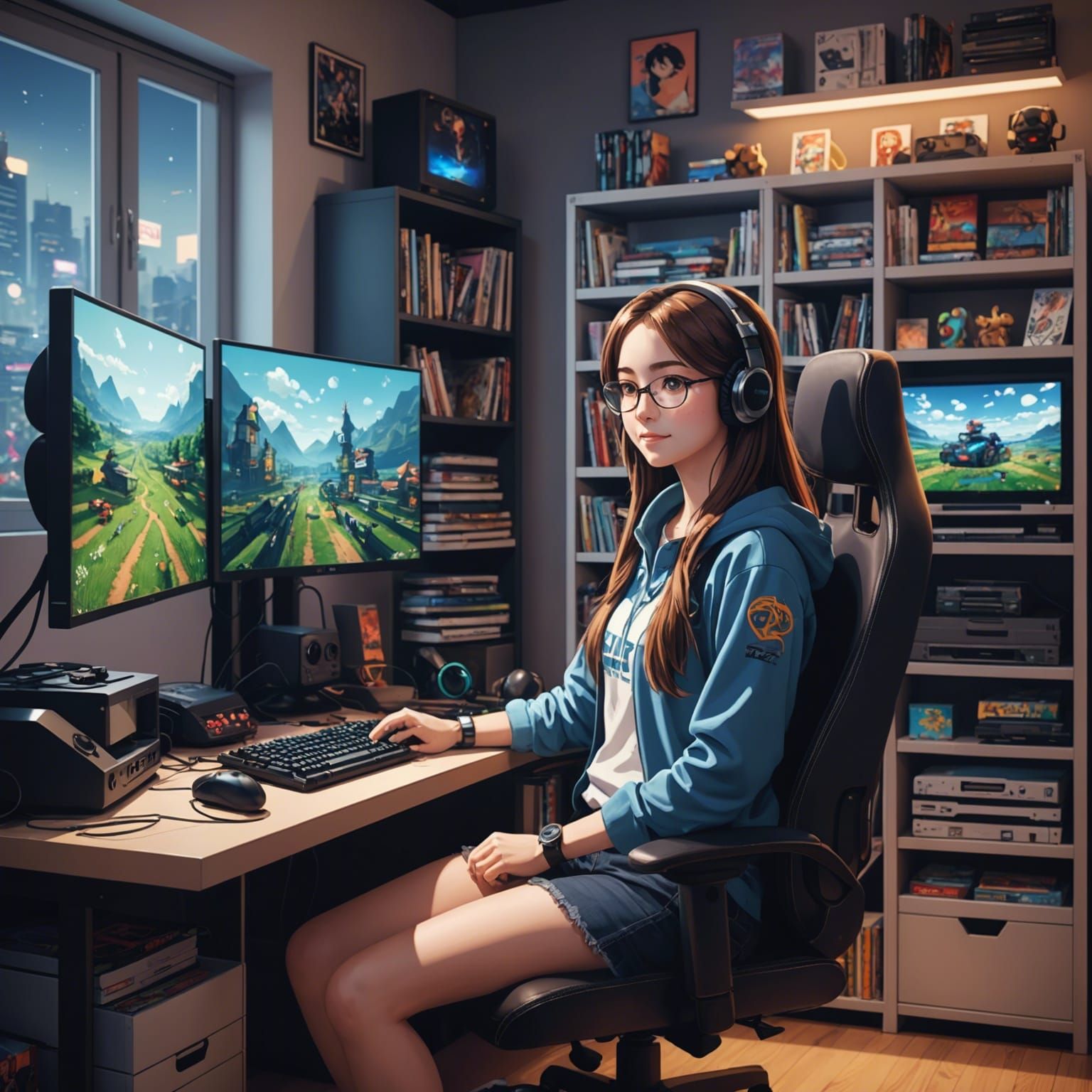 Happy Female Gamer in Anime Style Geek Room