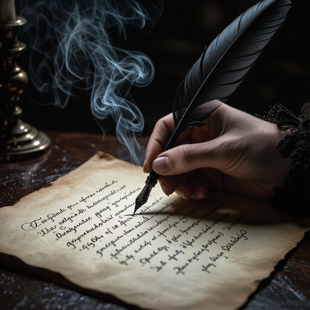 Gothic Quill Writing with Ash Ink on Parchment