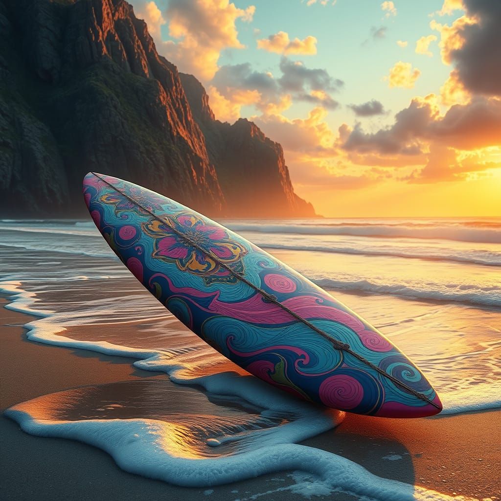 Vibrant 80s Surfboard on Morning Beach